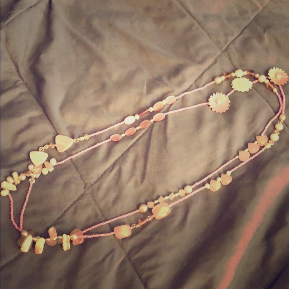 Long Necklace Rose Quartz Stone W Pearls Necklace